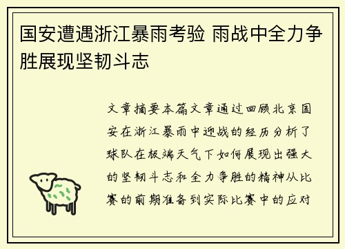 国安遭遇浙江暴雨考验 雨战中全力争胜展现坚韧斗志